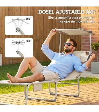 Set de 2 Tumbonas Plegables Reclinables con Dosel 360° Orificio Facial Bolsillo Lateral y Textilene 550 g/m² Beige