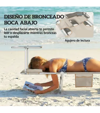Set de 2 Tumbonas Plegables Reclinables con Dosel 360° Orificio Facial Bolsillo Lateral y Textilene 550 g/m² Beige