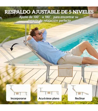 Set de 2 Tumbonas Plegables Reclinables con Dosel 360° Orificio Facial Bolsillo Lateral y Textilene 550 g/m² Beige