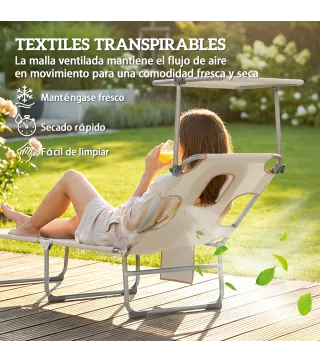 Set de 2 Tumbonas Plegables Reclinables con Dosel 360° Orificio Facial Bolsillo Lateral y Textilene 550 g/m² Beige