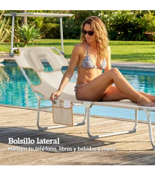 Set de 2 Tumbonas Plegables Reclinables con Dosel 360° Orificio Facial Bolsillo Lateral y Textilene 550 g/m² Beige