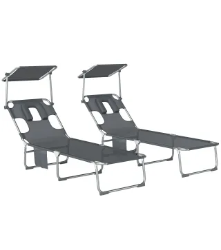 Set de 2 Tumbonas Plegables Reclinables con Dosel 360° Orificio Facial Bolsillo Lateral y Textilene 550 g/m² Gris