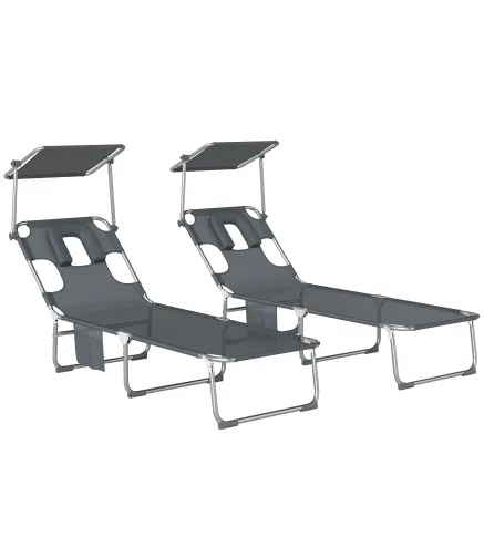 Set de 2 Tumbonas Plegables Reclinables con Dosel 360° Orificio Facial Bolsillo Lateral y Textilene 550 g/m² Gris