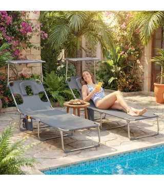 Set de 2 Tumbonas Plegables Reclinables con Dosel 360° Orificio Facial Bolsillo Lateral y Textilene 550 g/m² Gris