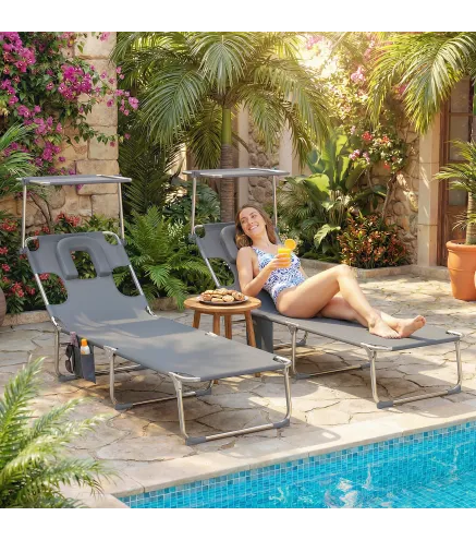 Set de 2 Tumbonas Plegables Reclinables con Dosel 360° Orificio Facial Bolsillo Lateral y Textilene 550 g/m² Gris