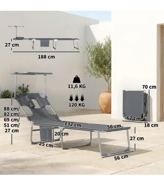 Set de 2 Tumbonas Plegables Reclinables con Dosel 360° Orificio Facial Bolsillo Lateral y Textilene 550 g/m² Gris