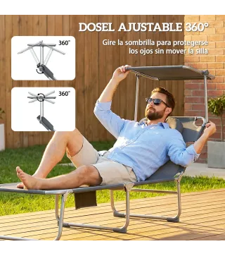Set de 2 Tumbonas Plegables Reclinables con Dosel 360° Orificio Facial Bolsillo Lateral y Textilene 550 g/m² Gris