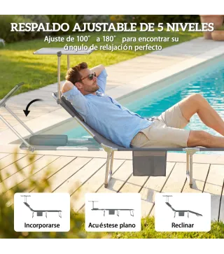 Set de 2 Tumbonas Plegables Reclinables con Dosel 360° Orificio Facial Bolsillo Lateral y Textilene 550 g/m² Gris