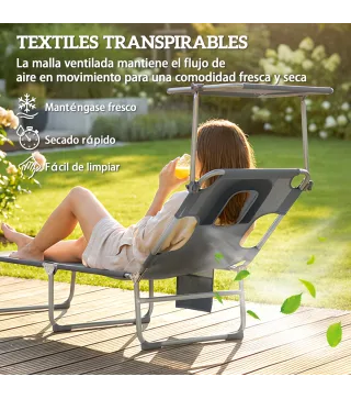 Set de 2 Tumbonas Plegables Reclinables con Dosel 360° Orificio Facial Bolsillo Lateral y Textilene 550 g/m² Gris