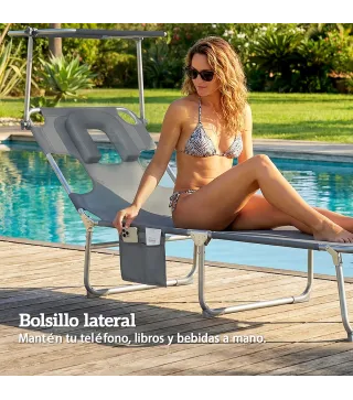 Set de 2 Tumbonas Plegables Reclinables con Dosel 360° Orificio Facial Bolsillo Lateral y Textilene 550 g/m² Gris