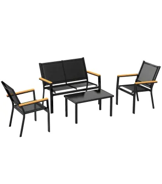 Conjunto Jardín Exterior de 4 Piezas con Sofá de 2 Plazas 2 Sillones Mesa de Cristal Templado Tela Textilene Negro