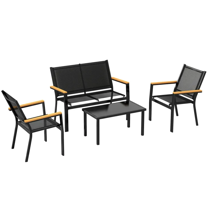 Conjunto Jardín Exterior de 4 Piezas con Sofá de 2 Plazas 2 Sillones Mesa de Cristal Templado Tela Textilene Negro