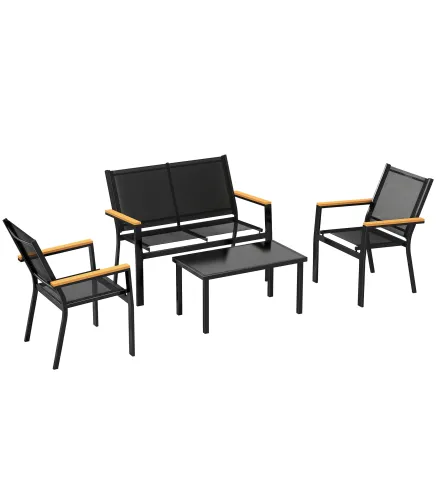 Conjunto Jardín Exterior de 4 Piezas con Sofá de 2 Plazas 2 Sillones Mesa de Cristal Templado Tela Textilene Negro