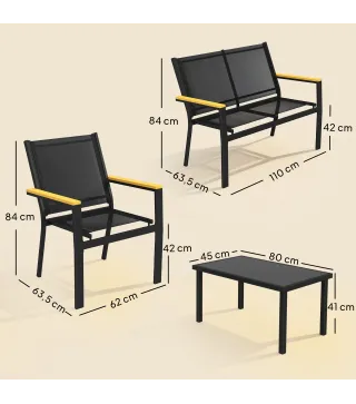 Conjunto Jardín Exterior de 4 Piezas con Sofá de 2 Plazas 2 Sillones Mesa de Cristal Templado Tela Textilene Negro