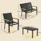 Conjunto Jardín Exterior de 4 Piezas con Sofá de 2 Plazas 2 Sillones Mesa de Cristal Templado Tela Textilene Negro