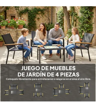 Conjunto Jardín Exterior de 4 Piezas con Sofá de 2 Plazas 2 Sillones Mesa de Cristal Templado Tela Textilene Negro