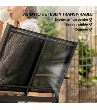 Conjunto Jardín Exterior de 4 Piezas con Sofá de 2 Plazas 2 Sillones Mesa de Cristal Templado Tela Textilene Negro