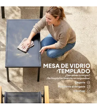 Conjunto Jardín Exterior de 4 Piezas con Sofá de 2 Plazas 2 Sillones Mesa de Cristal Templado Tela Textilene Negro