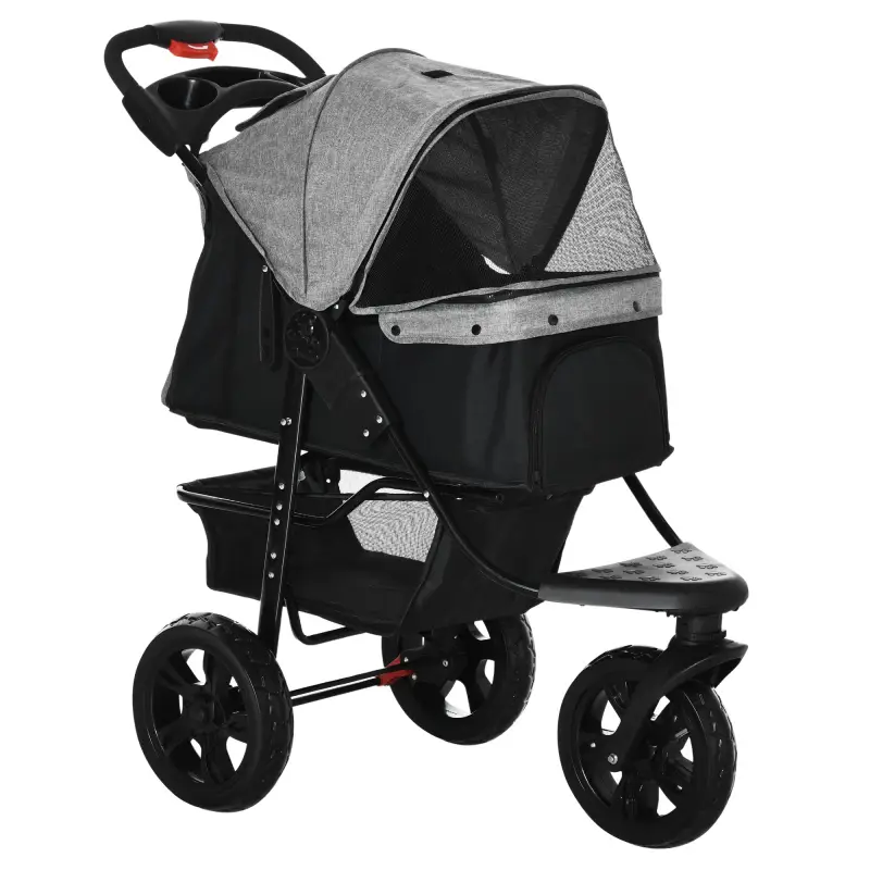 Carrito para Perros con 3 Ruedas Ventanas de Malla Cesta de Almacenaje y Correas de Seguridad 109,5x57,5x106,5 cm Gris