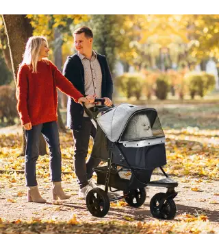Carrito para Perros con 3 Ruedas Ventanas de Malla Cesta de Almacenaje y Correas de Seguridad 109,5x57,5x106,5 cm Gris