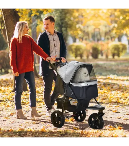 Carrito para Perros con 3 Ruedas Ventanas de Malla Cesta de Almacenaje y Correas de Seguridad 109,5x57,5x106,5 cm Gris
