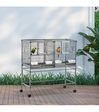 Jaula para Pájaros con Ruedas Pajarera Doble con 2 Bandejas Múltiples Puertas 4 Comederos 4 Perchas 95x45,5x102 cm Gris