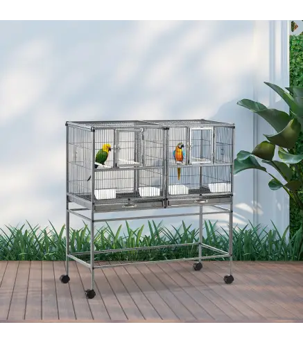Jaula para Pájaros con Ruedas Pajarera Doble con 2 Bandejas Múltiples Puertas 4 Comederos 4 Perchas 95x45,5x102 cm Gris