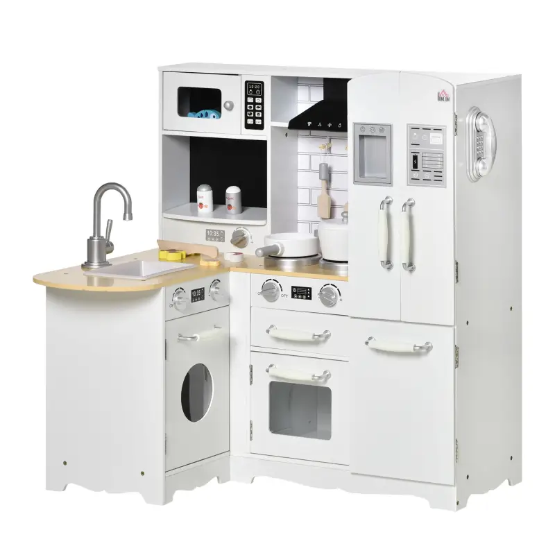 Cocina de Juguete de Madera para Niños de +3 Años con Sonidos 14 Accesorios Cocinita Infantil con Teléfono Fregadero Extraíble M