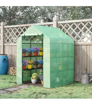 Invernadero de Jardín Tipo Caseta Invernadero de Exterior con 2 Niveles 4 Estantes Puerta Enrollable Marco de Acero y Cubierta d