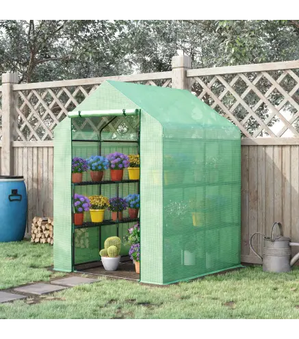 Invernadero de Jardín Tipo Caseta Invernadero de Exterior con 2 Niveles 4 Estantes Puerta Enrollable Marco de Acero y Cubierta d
