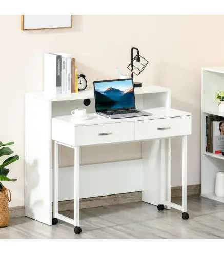 Escritorios Apilables Conjunto de 2 Mesas Escritorio para Ordenador Portátil con Ruedas 2 Cajones para Oficina 100x36x88 cm Blan