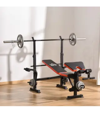 Banco de Musculación Multifuncional, Banco de Pesas con Respaldo Ajustable, Soporte para Barras Regulable, Extensión de Piernas,