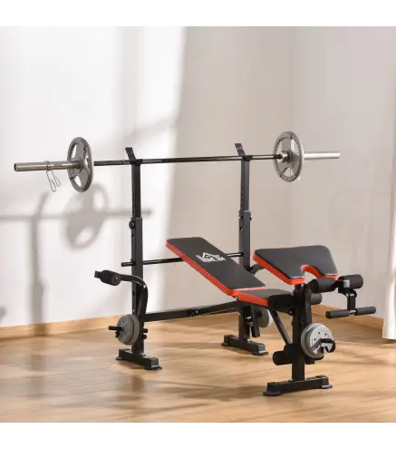 Banco de Musculación Multifuncional, Banco de Pesas con Respaldo Ajustable, Soporte para Barras Regulable, Extensión de Piernas,