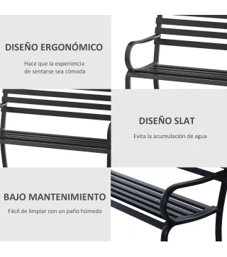 Banco de Exterior de Metal de 2 Plazas con Reposabrazos Carga 240 kg para Patio Terraza 127x58x82 cm Negro