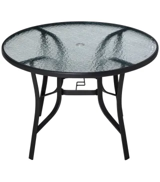 Mesa de Cristal de Jardín con Agujero para Sombrilla Mesa para Comer Redonda con Marco de Acero para Exterior Terraza Balcón Ø10