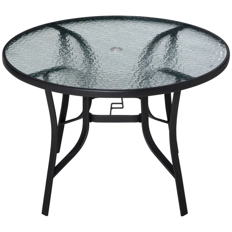 Mesa de Cristal de Jardín con Agujero para Sombrilla Mesa para Comer Redonda con Marco de Acero para Exterior Terraza Balcón Ø10