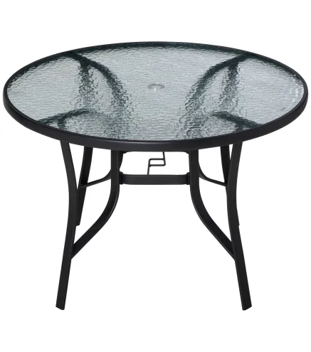 Mesa de Cristal de Jardín con Agujero para Sombrilla Mesa para Comer Redonda con Marco de Acero para Exterior Terraza Balcón Ø10