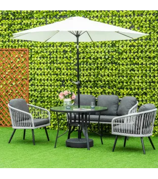 Mesa de Cristal de Jardín con Agujero para Sombrilla Mesa para Comer Redonda con Marco de Acero para Exterior Terraza Balcón Ø10