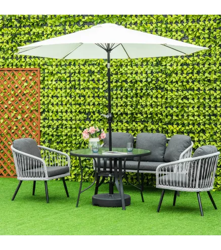 Mesa de Cristal de Jardín con Agujero para Sombrilla Mesa para Comer Redonda con Marco de Acero para Exterior Terraza Balcón Ø10