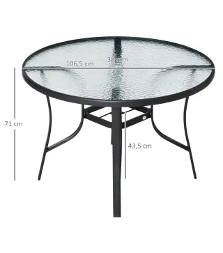 Mesa de Cristal de Jardín con Agujero para Sombrilla Mesa para Comer Redonda con Marco de Acero para Exterior Terraza Balcón Ø10