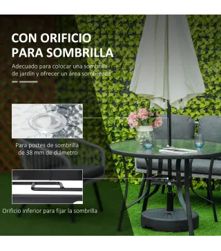 Mesa de Cristal de Jardín con Agujero para Sombrilla Mesa para Comer Redonda con Marco de Acero para Exterior Terraza Balcón Ø10