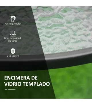 Mesa de Cristal de Jardín con Agujero para Sombrilla Mesa para Comer Redonda con Marco de Acero para Exterior Terraza Balcón Ø10