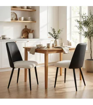 Juego de 2 Sillas de Cocina con Respaldo de PU de Imitación Ratán Patas de Acero y Asiento Acolchado Negro y Beige