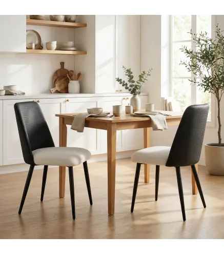 Juego de 2 Sillas de Cocina con Respaldo de PU de Imitación Ratán Patas de Acero y Asiento Acolchado Negro y Beige