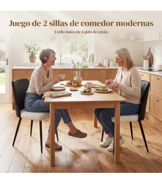 Juego de 2 Sillas de Cocina con Respaldo de PU de Imitación Ratán Patas de Acero y Asiento Acolchado Negro y Beige