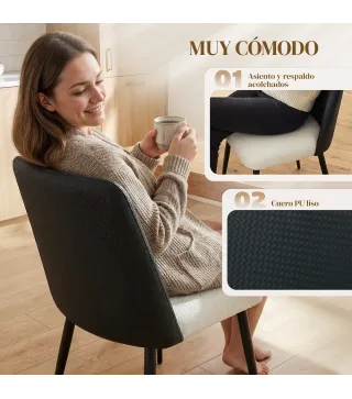 Juego de 2 Sillas de Cocina con Respaldo de PU de Imitación Ratán Patas de Acero y Asiento Acolchado Negro y Beige