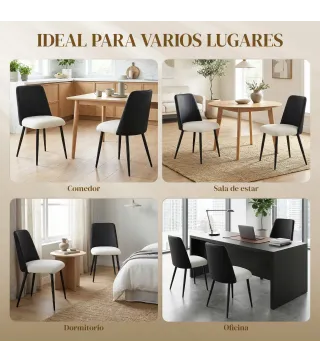 Juego de 2 Sillas de Cocina con Respaldo de PU de Imitación Ratán Patas de Acero y Asiento Acolchado Negro y Beige