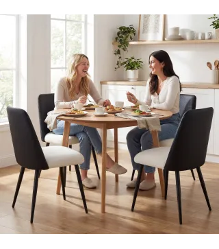 Juego de 2 Sillas de Cocina con Respaldo de PU de Imitación Ratán Patas de Acero y Asiento Acolchado Negro y Beige