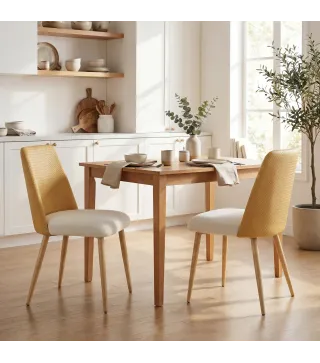 Juego de 2 Sillas de Cocina con Respaldo de PU de Imitación Ratán Patas de Acero y Asiento Acolchado Marrón y Beige