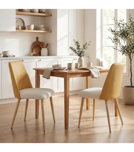 Juego de 2 Sillas de Cocina con Respaldo de PU de Imitación Ratán Patas de Acero y Asiento Acolchado Marrón y Beige